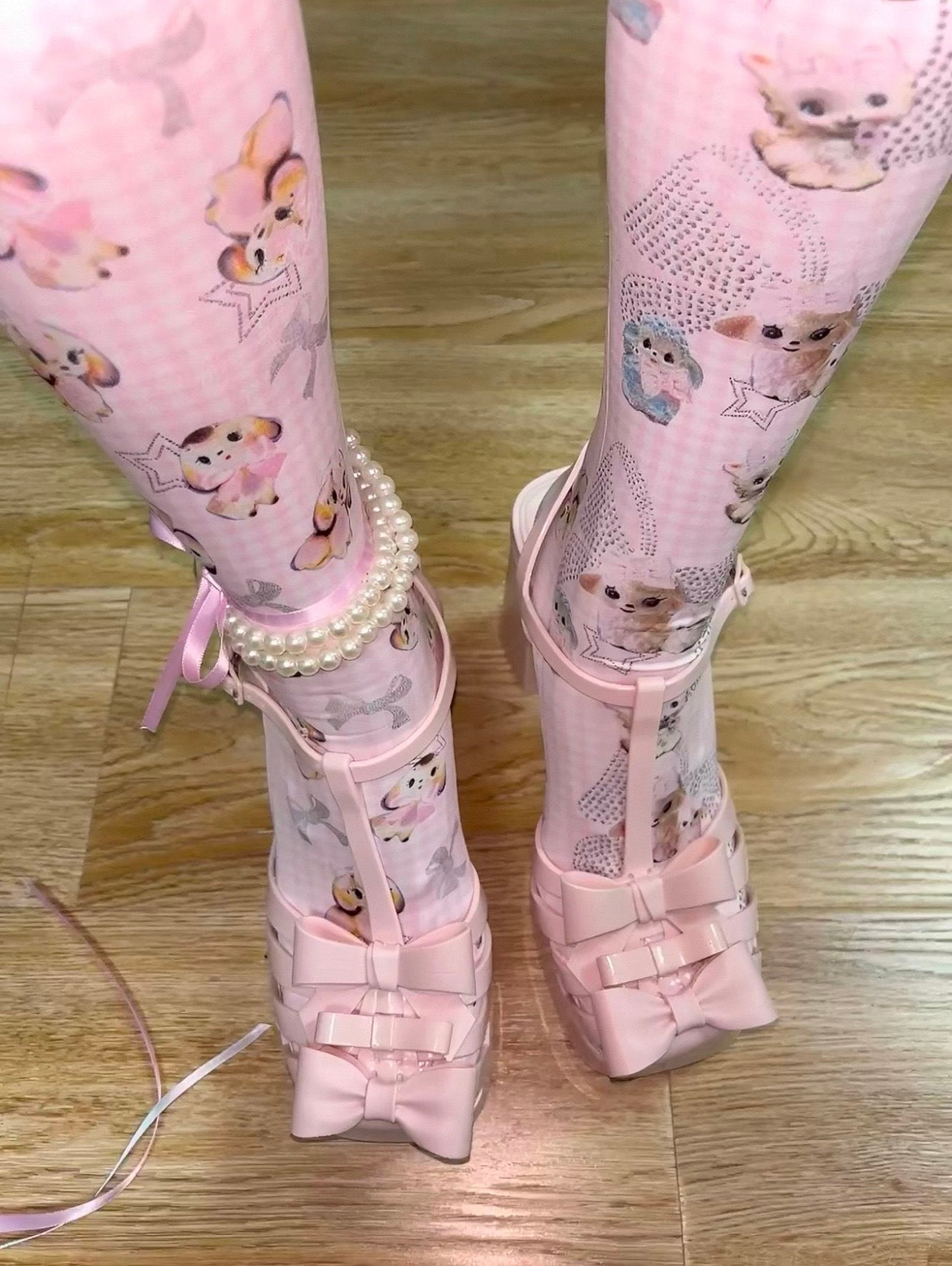 LISCALLA / "My Diary" Ribbon & Animal Pink Check Mid Socks