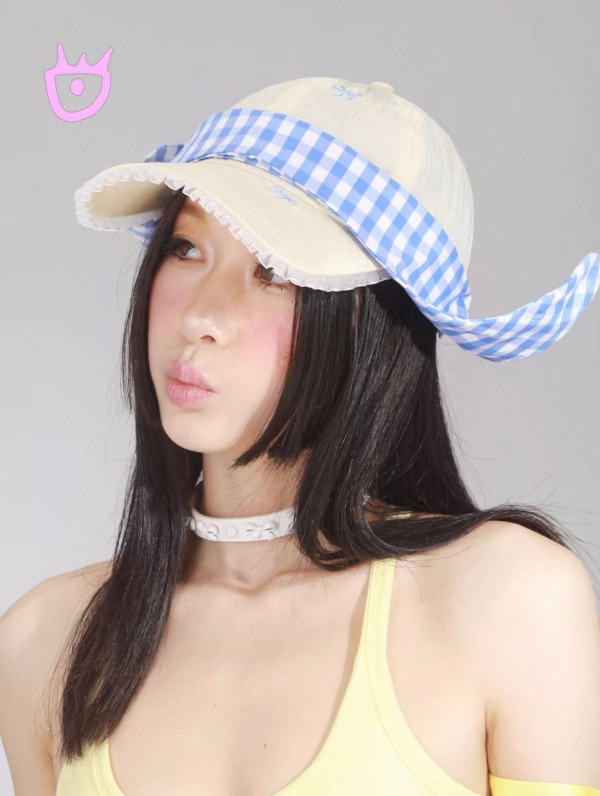半家家 Bonmii / Yellow bow plaid rabbit-ear detachable baseball cap