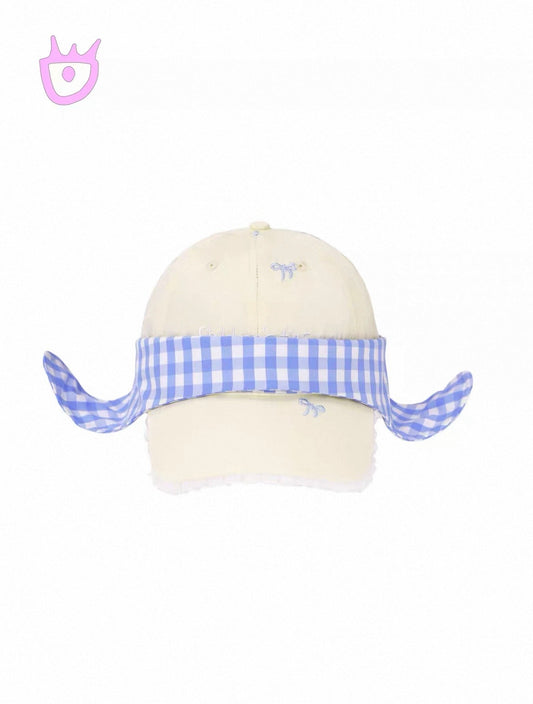 半家家 Bonmii / Yellow bow plaid rabbit-ear detachable baseball cap