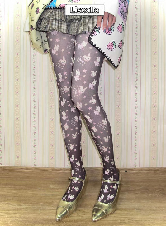 LISCALLA / "IT KISSED ME" Cute Bunny Brown lllustration Tights