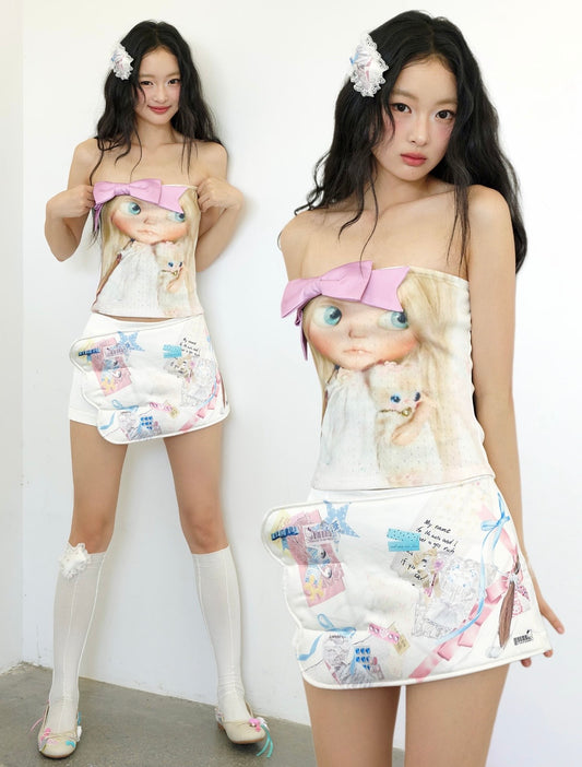 No nuts /  Pink Bow Doll Print Cotton Knit Tube Top
