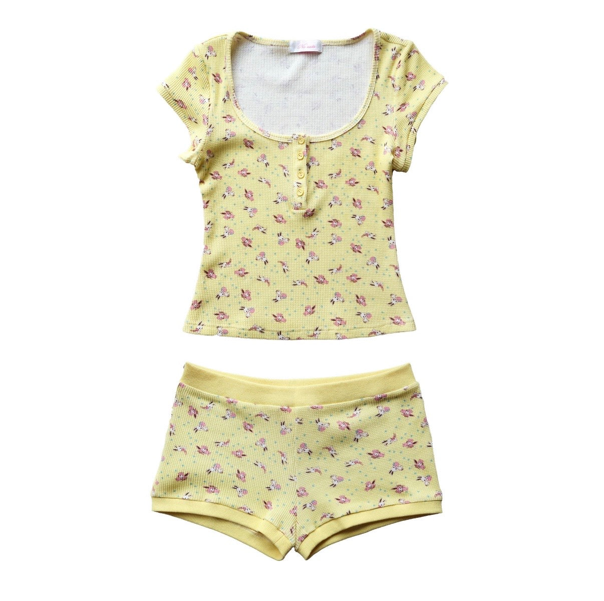 No nuts / Yellow Rabbit Print Henley Neck Top & Shorts Set