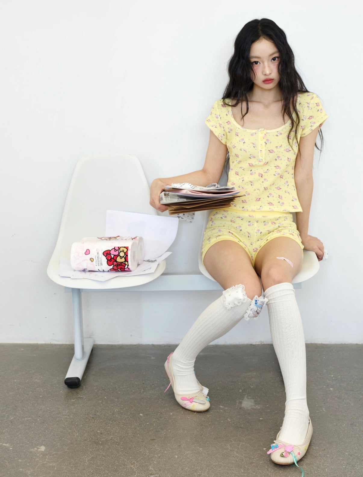 No nuts / Yellow Rabbit Print Henley Neck Top & Shorts Set