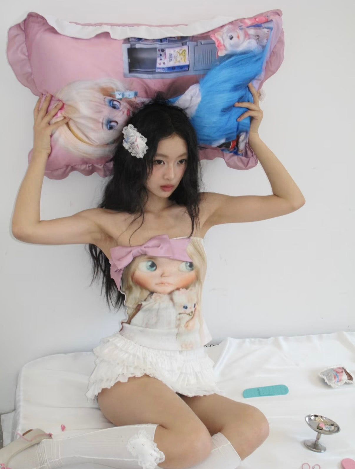 No nuts /  Pink Bow Doll Print Cotton Knit Tube Top